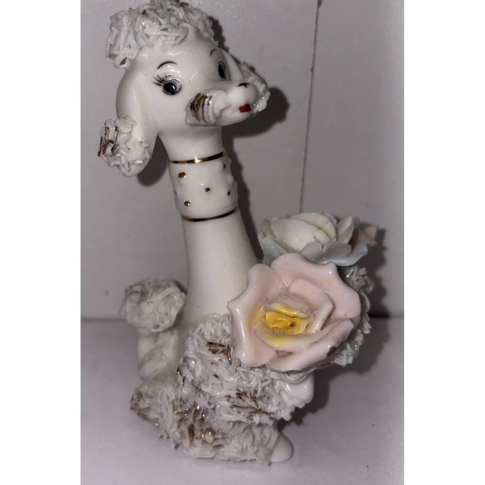 Vintage 50s Spaghetti String White holding Flower Bouquet‎ Poodle